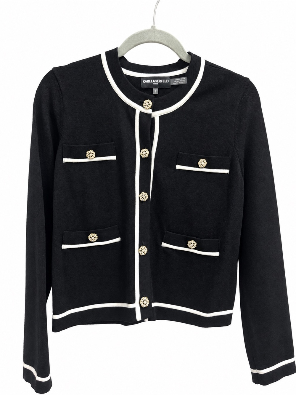 Karl Lagerfeld Black Cardigan with White Piping and Gold-Tone Buttons